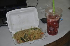 Food is cheap. Noodles and a strawberry banana smoothe: 40 baht