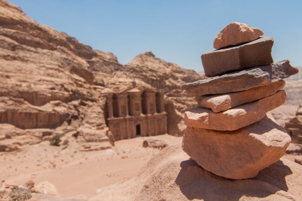 A cairn overlooking the view of the Monastery in Petra