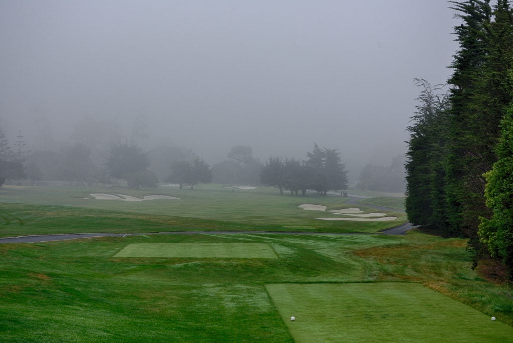 The foggy second hole at Pebble Beach 