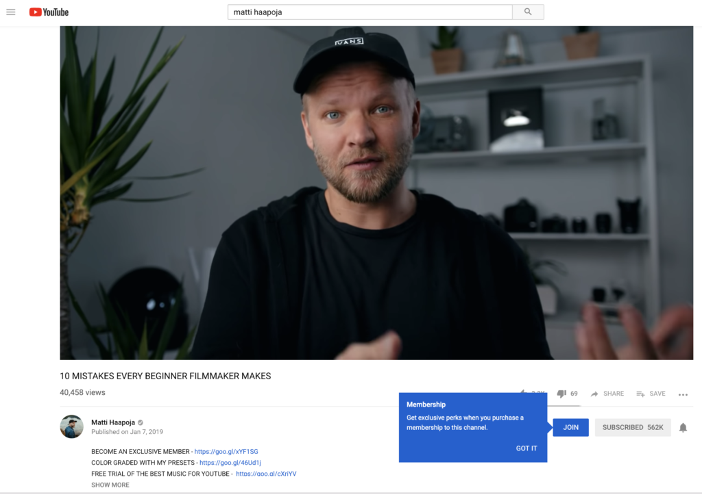 An example of the new YouTube membership on Matti Haapoja's channel.