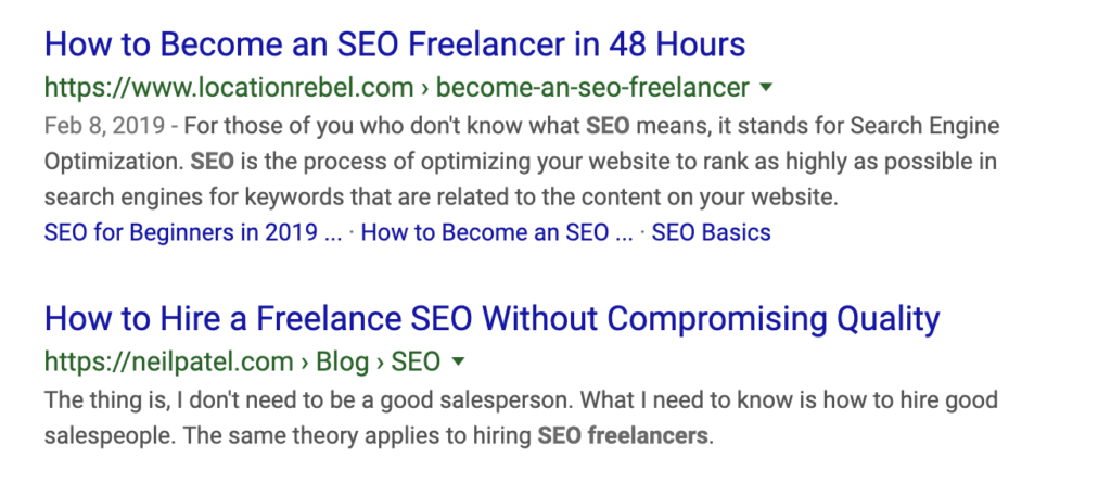 SEO freelancer search result