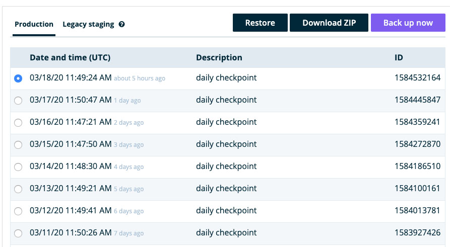 My automatic backups in WP Engine.