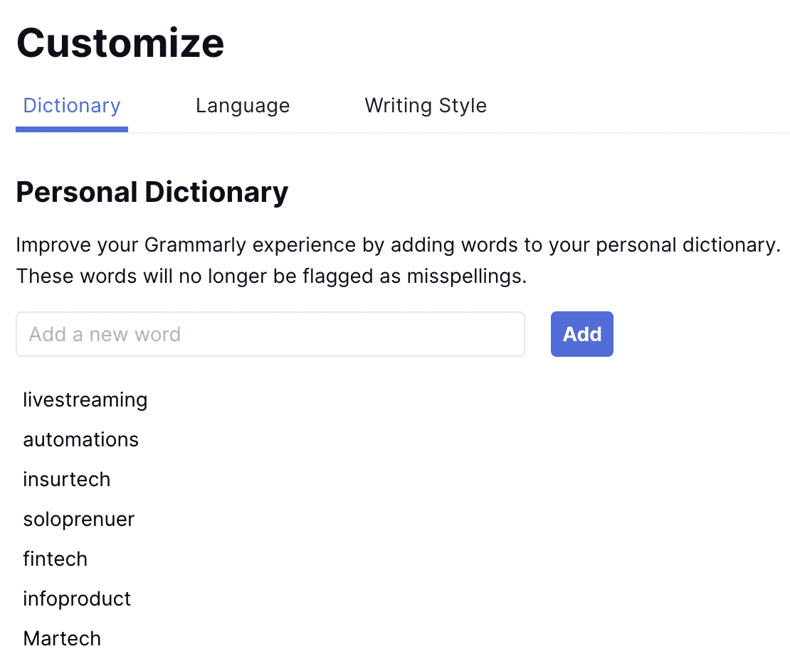 grammarly personal dictionary