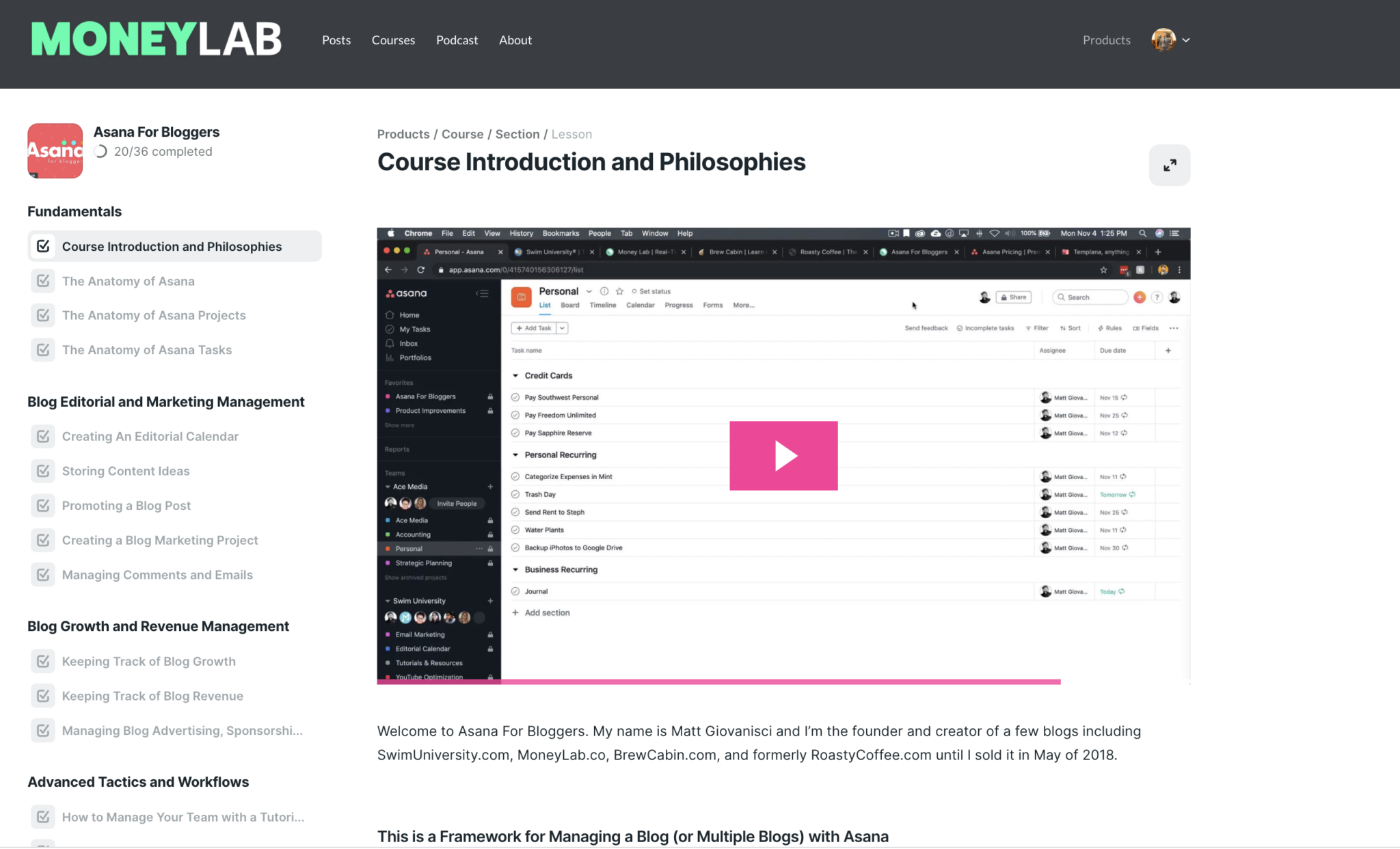 Asana for Bloggers course content