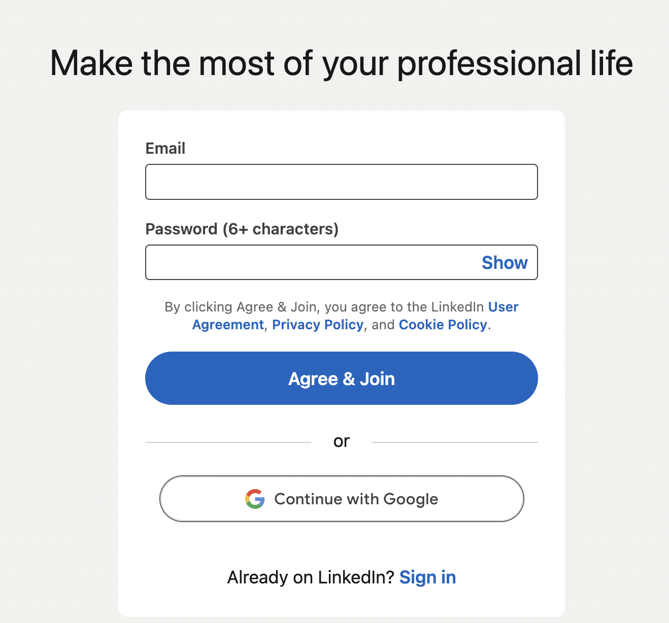 LinkedIn sign up page