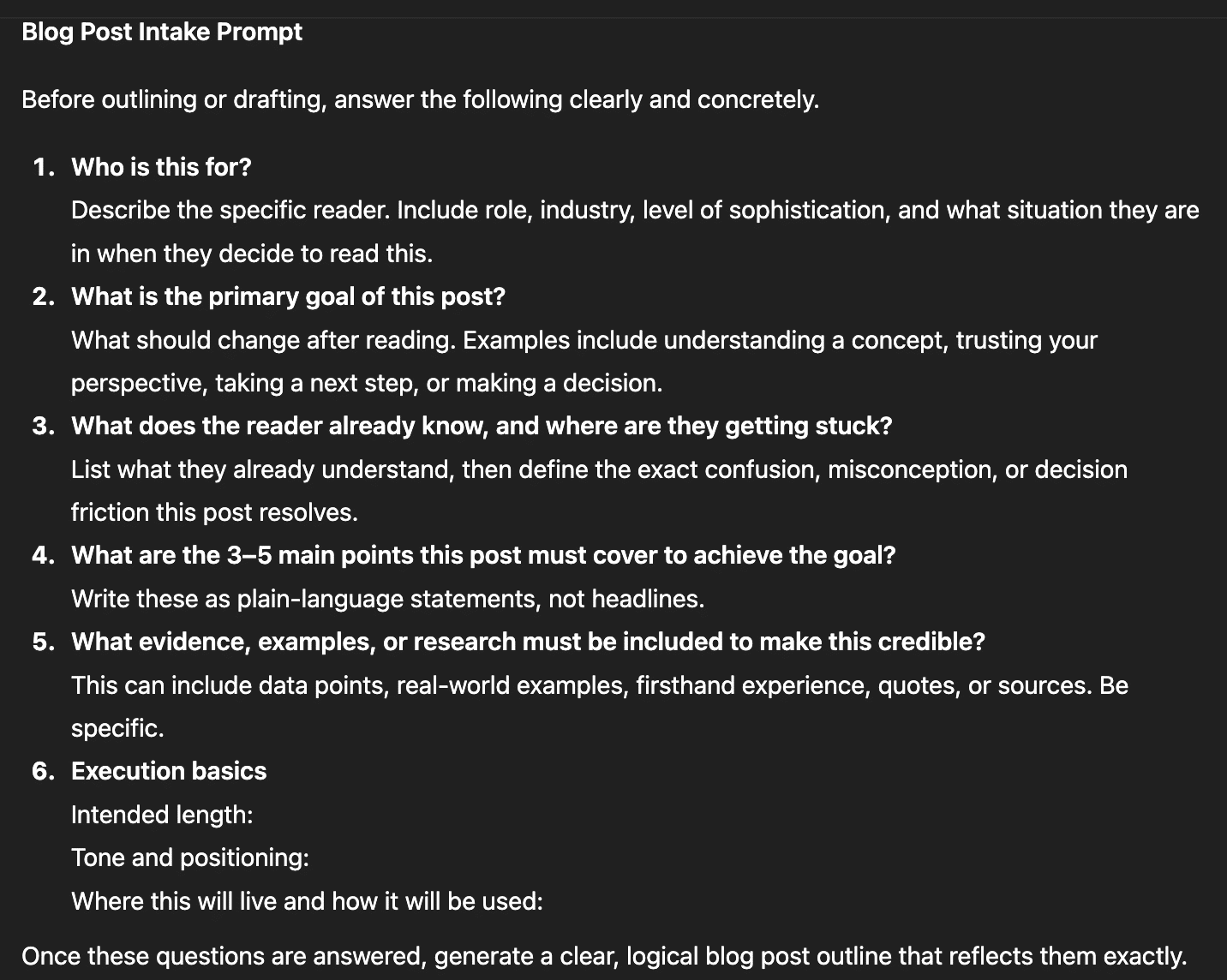 ChatGPT blog post intake prompt for outlining