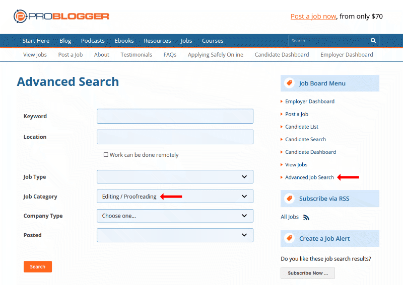 screenshot problogger job board search function